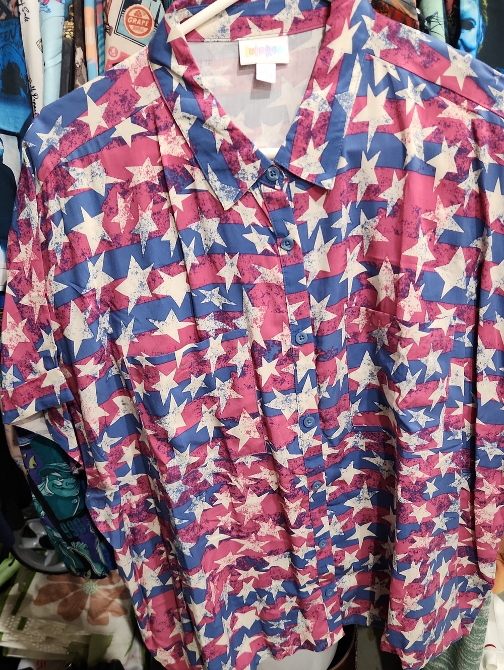 LuLaRoe Pink and Blue Star-Print Button Down Top
